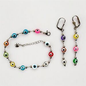 NEW 2-pc SET Colorful Evil Eye Bracelet + Dangle Earring Protection Jewelry